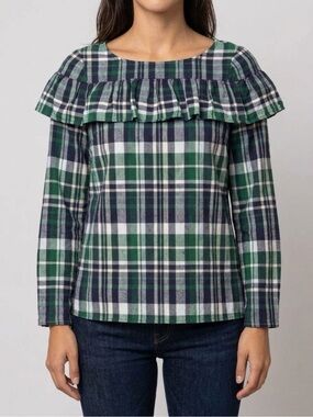 Sail to Sable Plaid Ruffle Statement Top Blouse Preppy Holiday XS